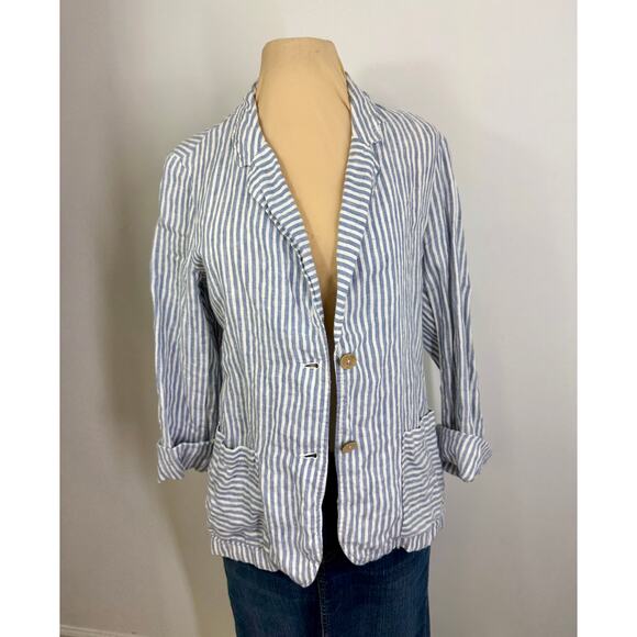 Tahari blue and white stripe deconstructed 100 linen jacket  size M - Picture 7 of 7